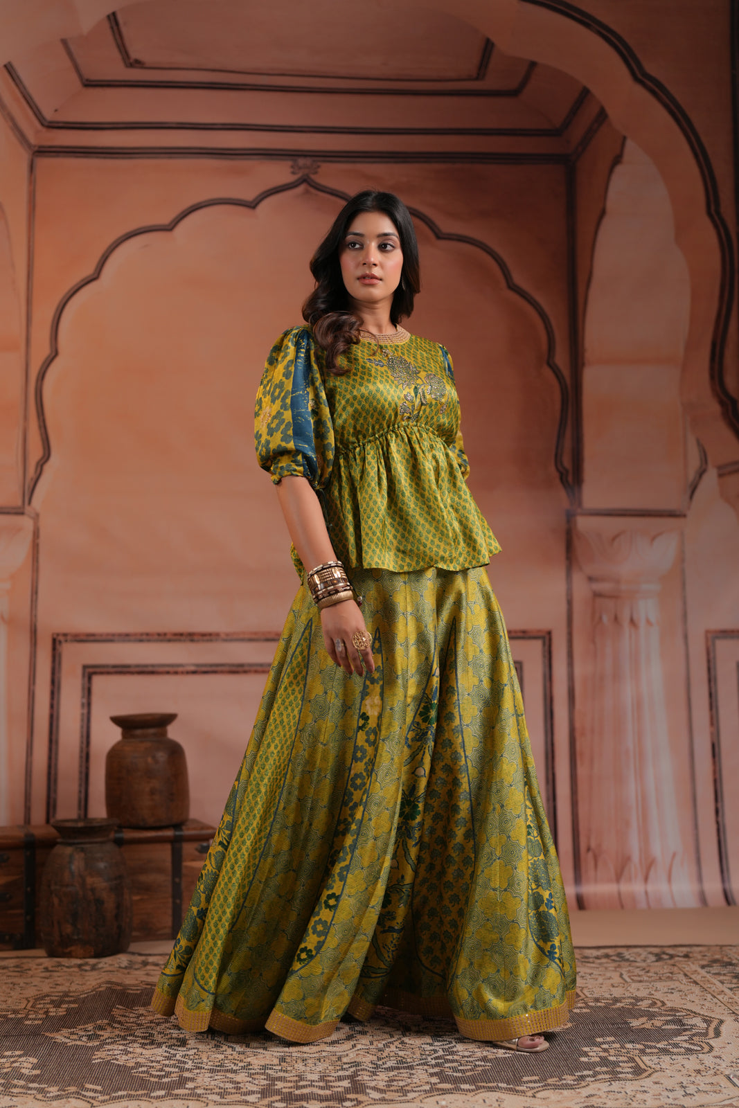 Olive Green Raw Silk Festive Peplum Skirt Set