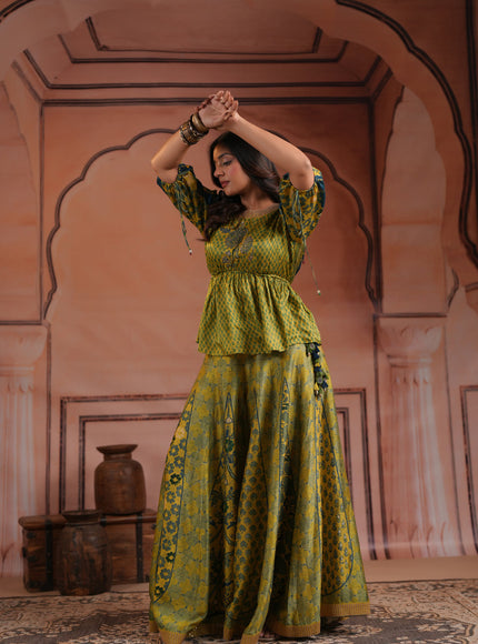 Olive Green Raw Silk Festive Peplum Skirt Set