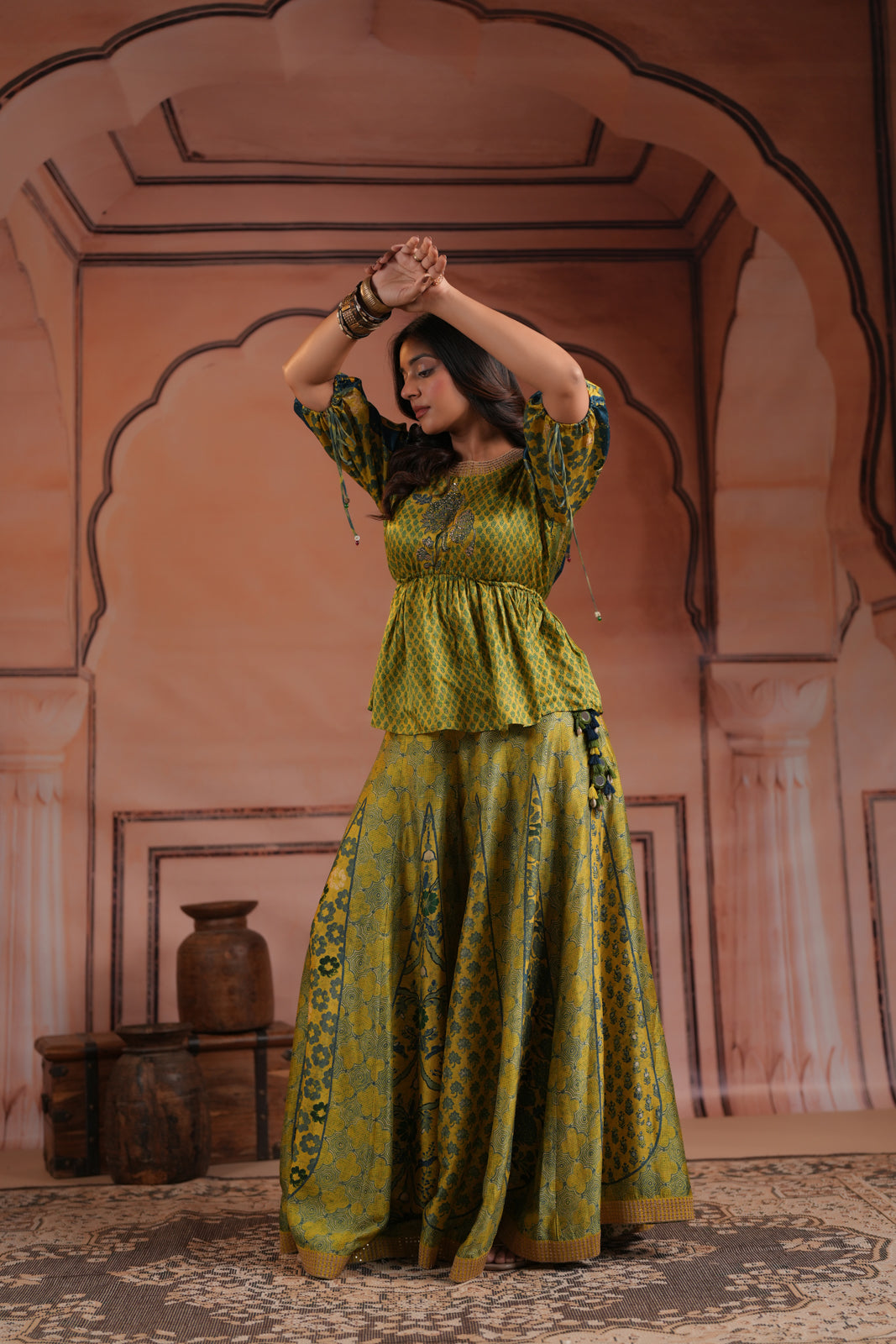 Olive Green Raw Silk Festive Peplum Skirt Set