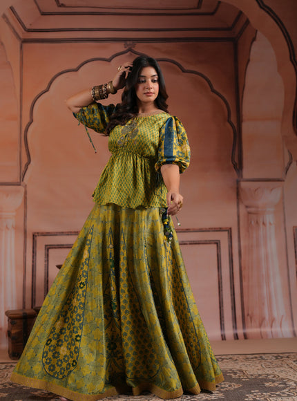 Olive Green Raw Silk Festive Peplum Skirt Set