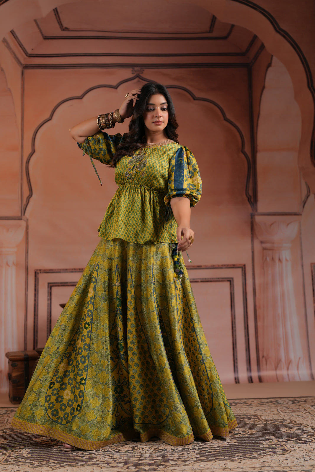 Olive Green Raw Silk Festive Peplum Skirt Set