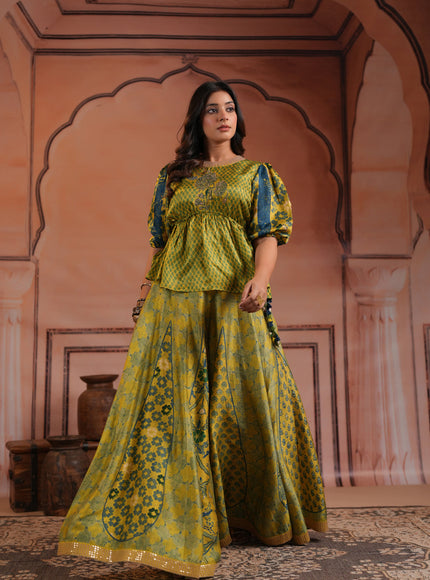 Olive Green Raw Silk Festive Peplum Skirt Set