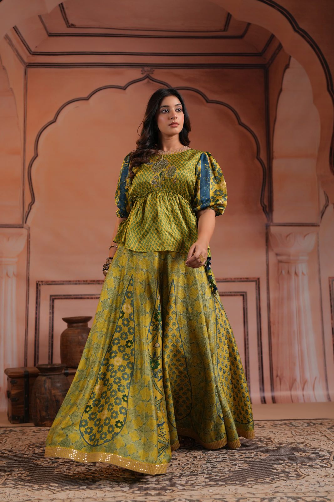 Olive Green Raw Silk Festive Peplum Skirt Set