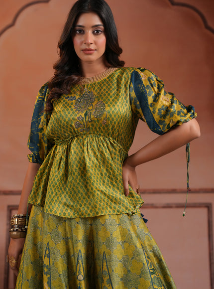 Olive Green Raw Silk Festive Peplum Skirt Set