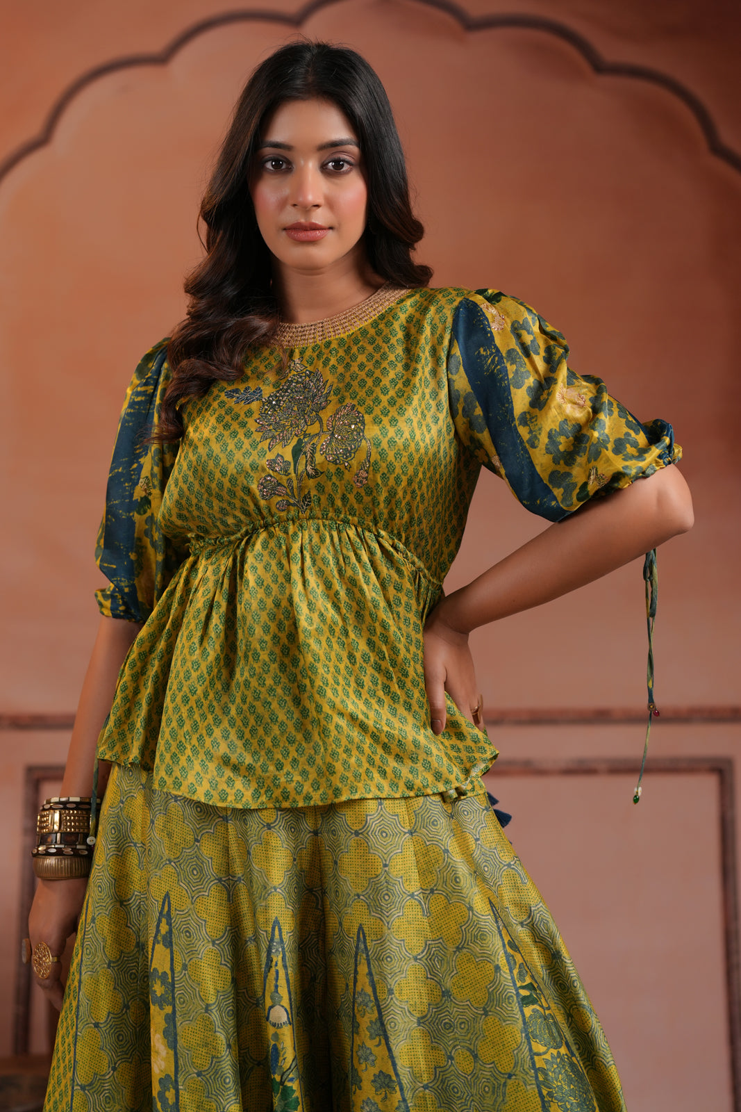 Olive Green Raw Silk Festive Peplum Skirt Set