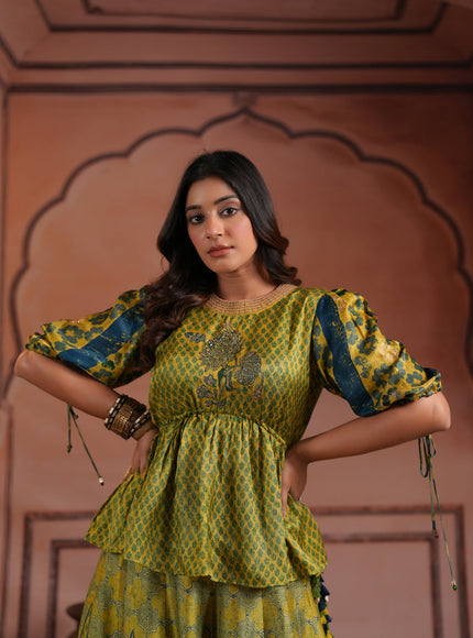 Olive Green Raw Silk Festive Peplum Skirt Set