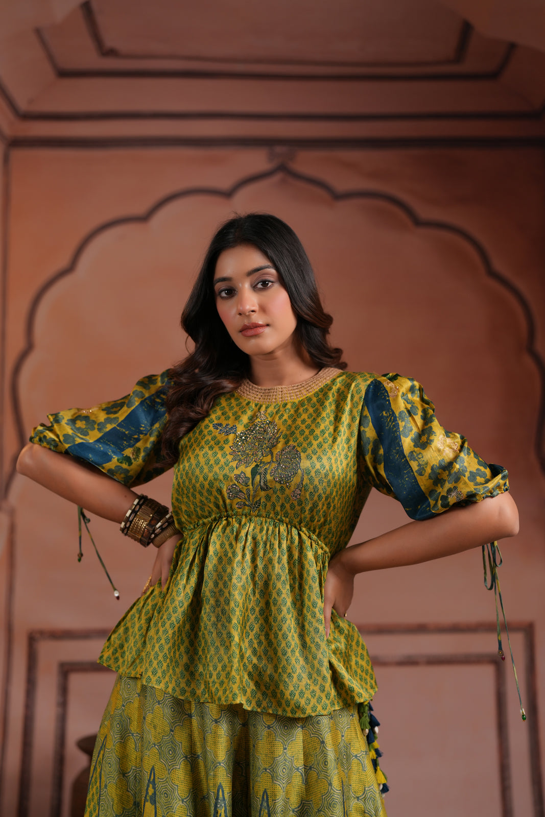 Olive Green Raw Silk Festive Peplum Skirt Set