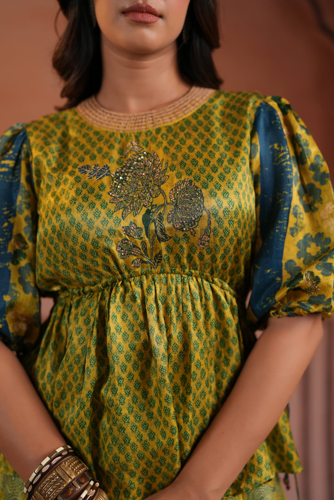 Olive Green Raw Silk Festive Peplum Skirt Set