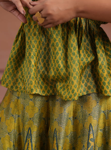Olive Green Raw Silk Festive Peplum Skirt Set
