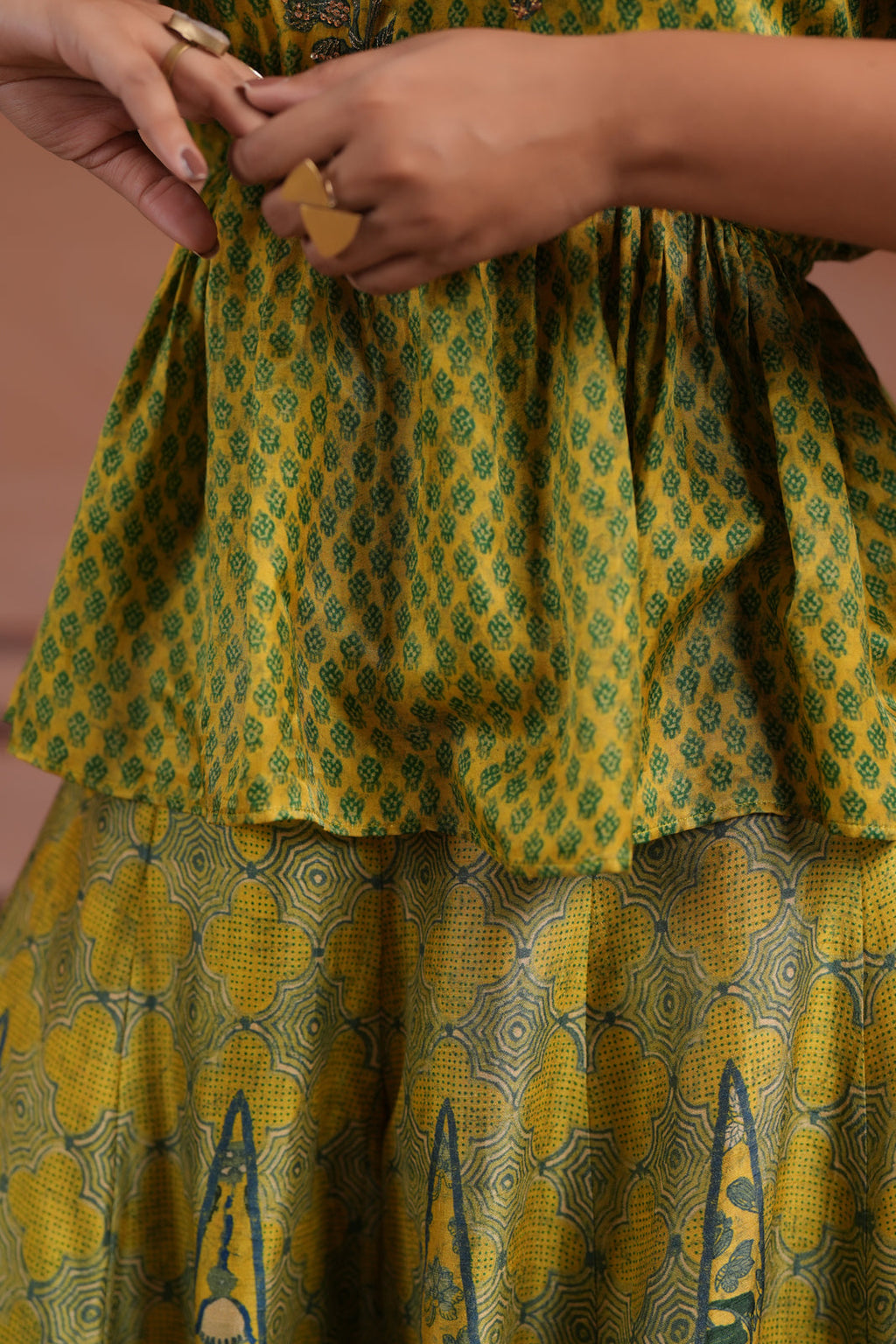 Olive Green Raw Silk Festive Peplum Skirt Set