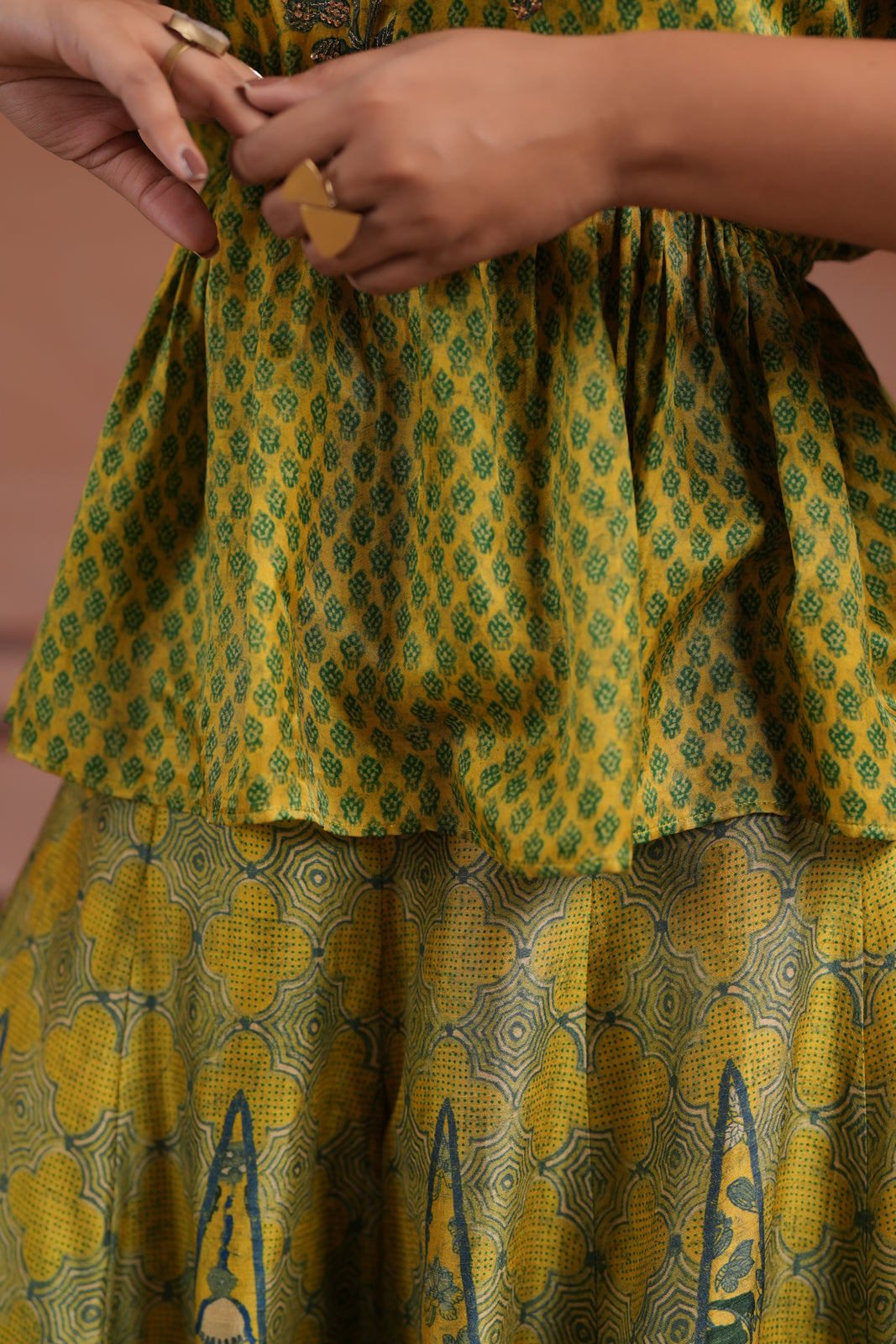 Olive Green Raw Silk Festive Peplum Skirt Set