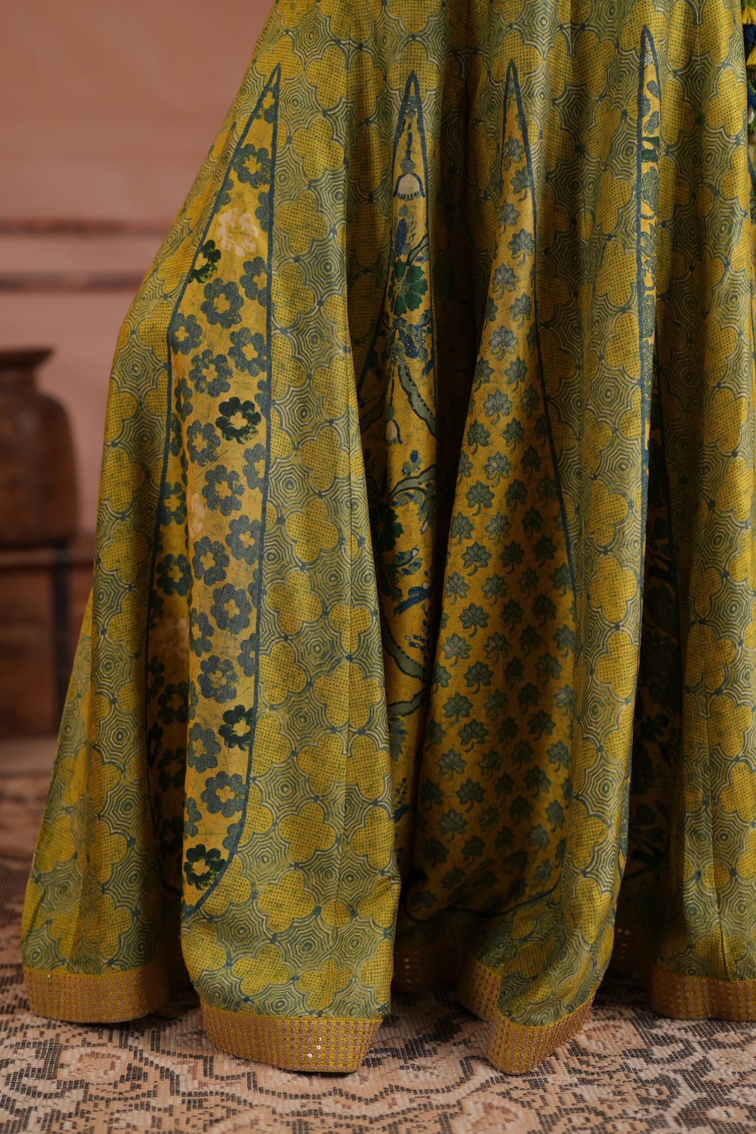 Olive Green Raw Silk Festive Peplum Skirt Set
