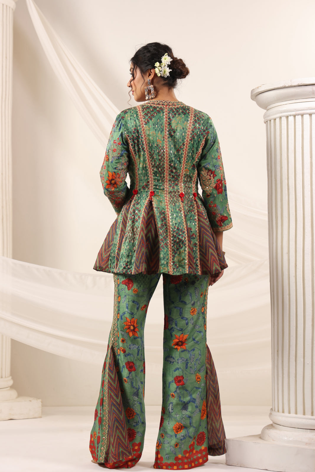 Green Satin Crepe Peplum Set With Intricate Prints & Embroidery- Wide Paired Palazzo Pant