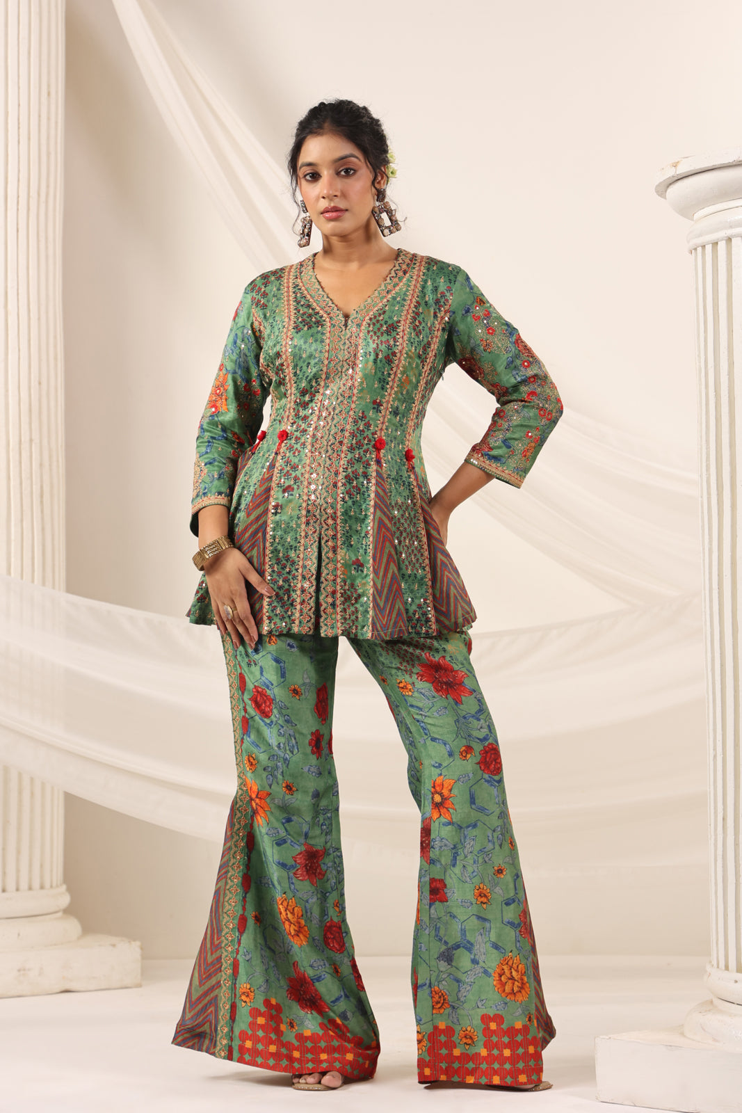 Green Satin Crepe Peplum Set With Intricate Prints & Embroidery- Wide Paired Palazzo Pant