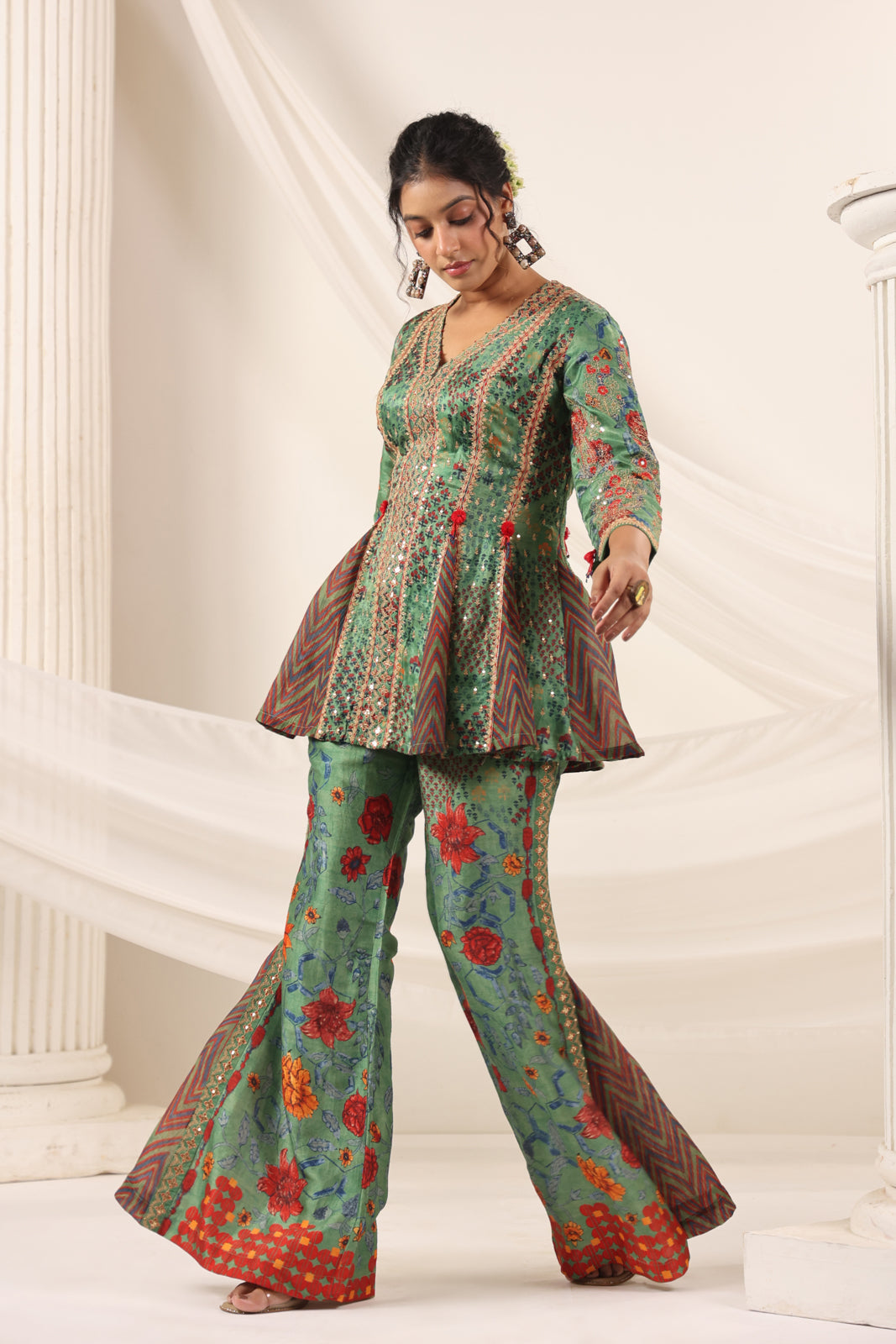 Green Satin Crepe Peplum Set With Intricate Prints & Embroidery- Wide Paired Palazzo Pant