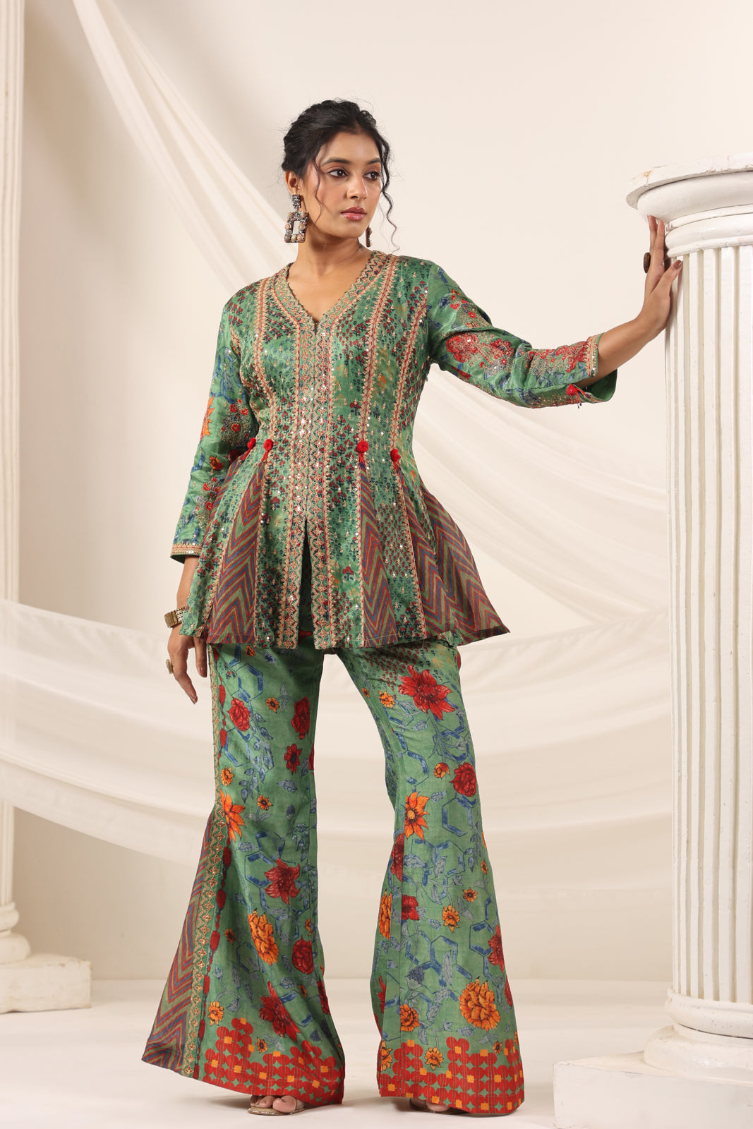 Green Satin Crepe Peplum Set With Intricate Prints & Embroidery- Wide Paired Palazzo Pant