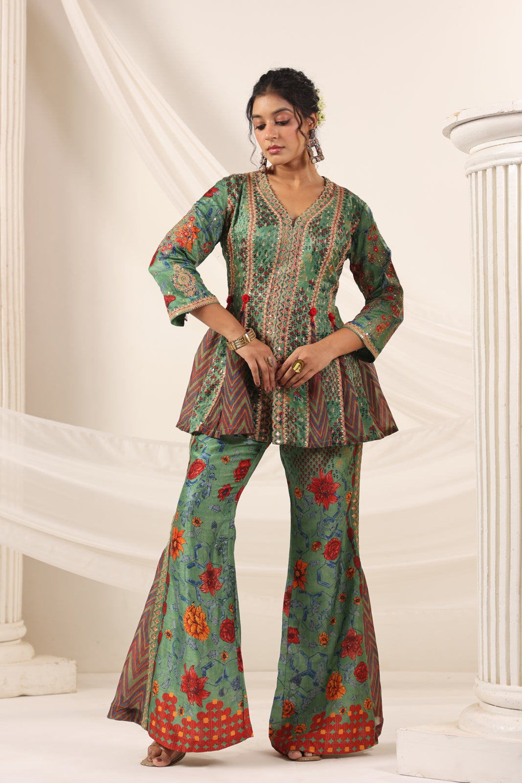 Green Satin Crepe Peplum Set With Intricate Prints & Embroidery- Wide Paired Palazzo Pant