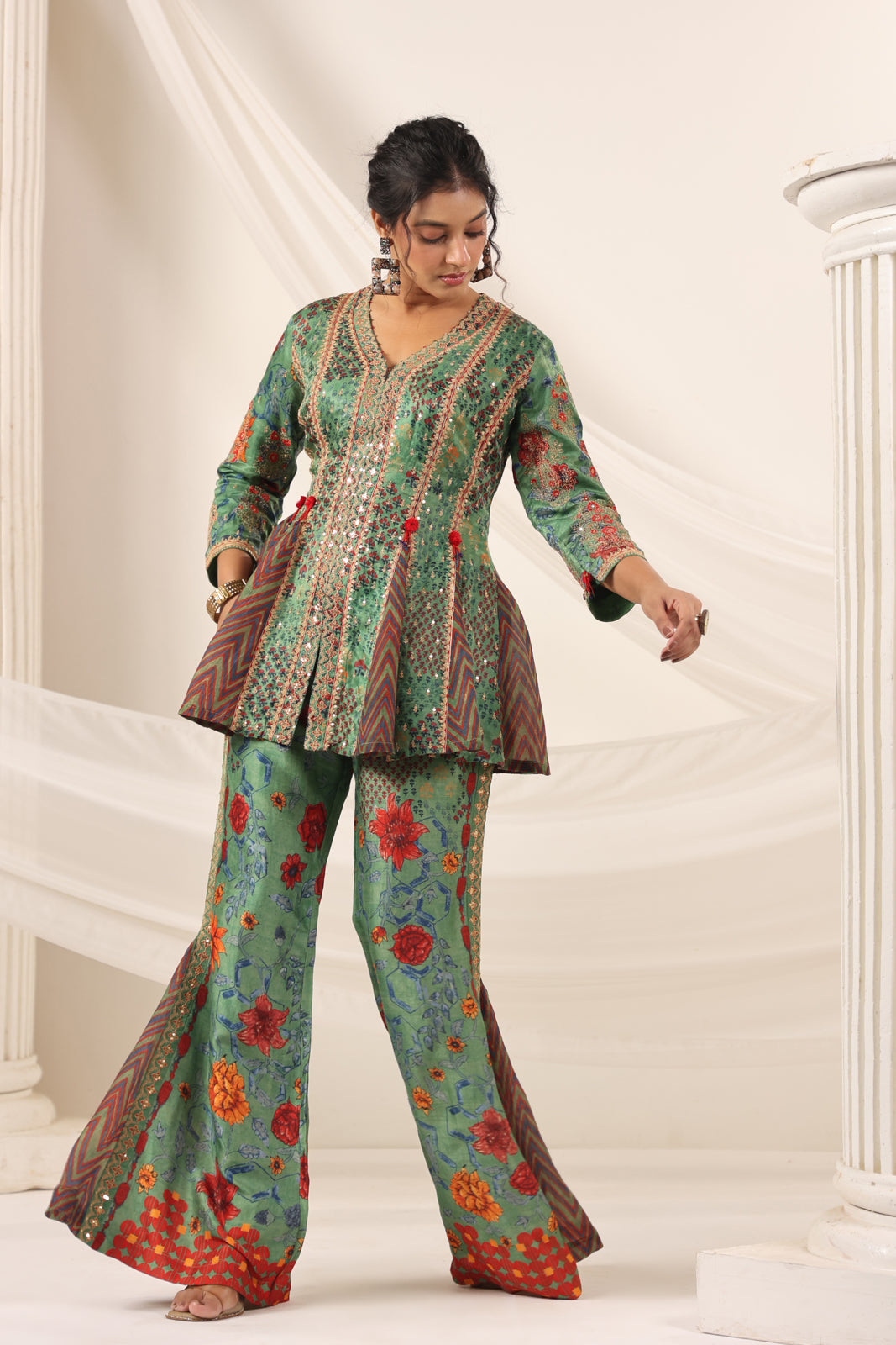 Green Satin Crepe Peplum Set With Intricate Prints & Embroidery- Wide Paired Palazzo Pant