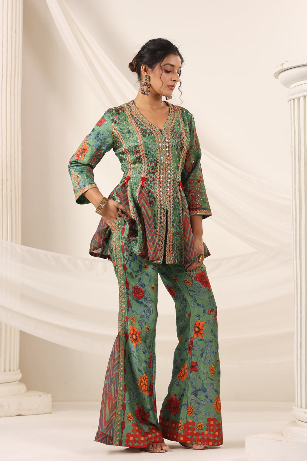 Green Satin Crepe Peplum Set With Intricate Prints & Embroidery- Wide Paired Palazzo Pant