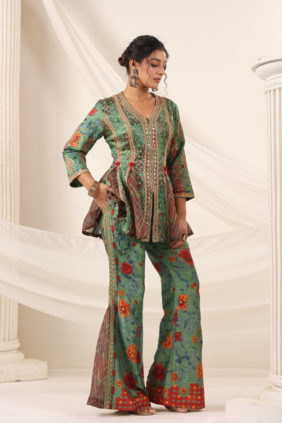 Green Satin Crepe Peplum Set With Intricate Prints & Embroidery- Wide Paired Palazzo Pant
