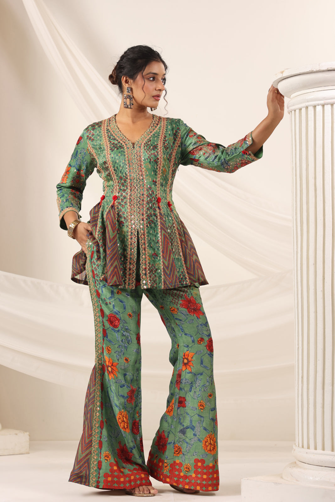 Green Satin Crepe Peplum Set With Intricate Prints & Embroidery- Wide Paired Palazzo Pant