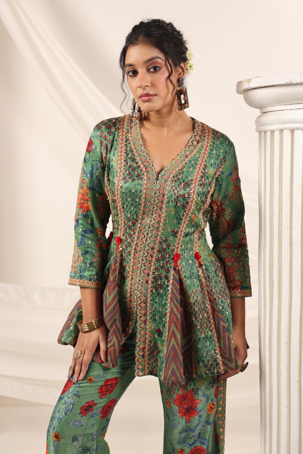 Green Satin Crepe Peplum Set With Intricate Prints & Embroidery- Wide Paired Palazzo Pant