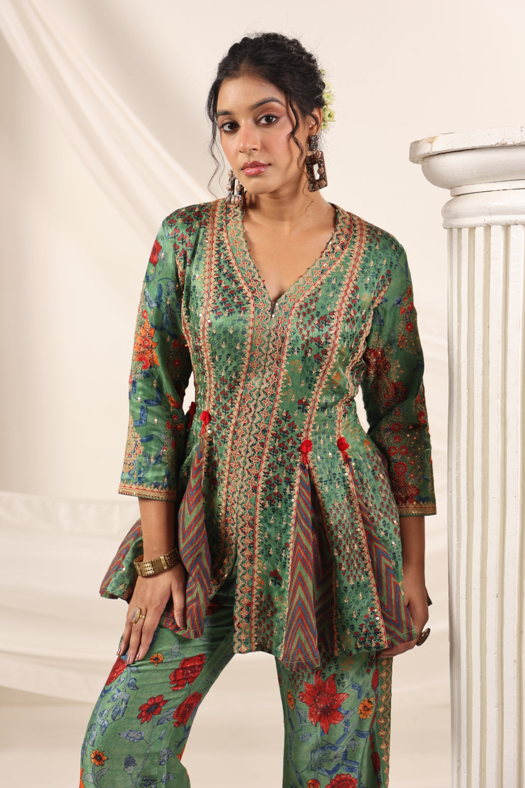 Green Satin Crepe Peplum Set With Intricate Prints & Embroidery- Wide Paired Palazzo Pant