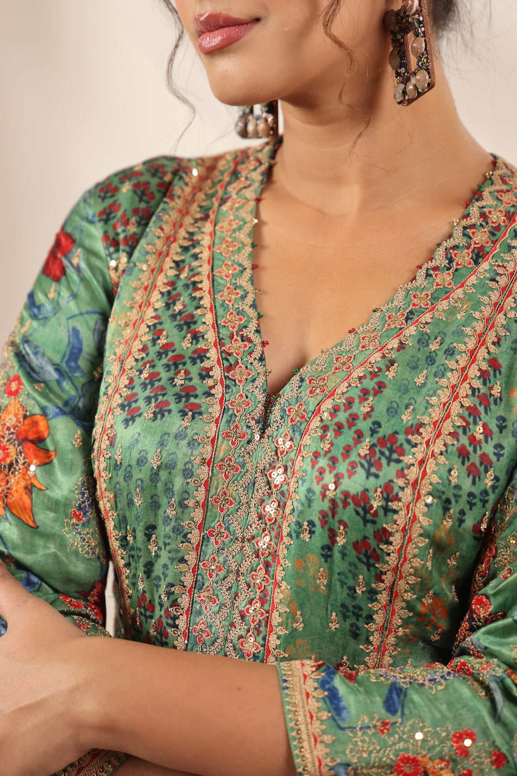 Green Satin Crepe Peplum Set With Intricate Prints & Embroidery- Wide Paired Palazzo Pant