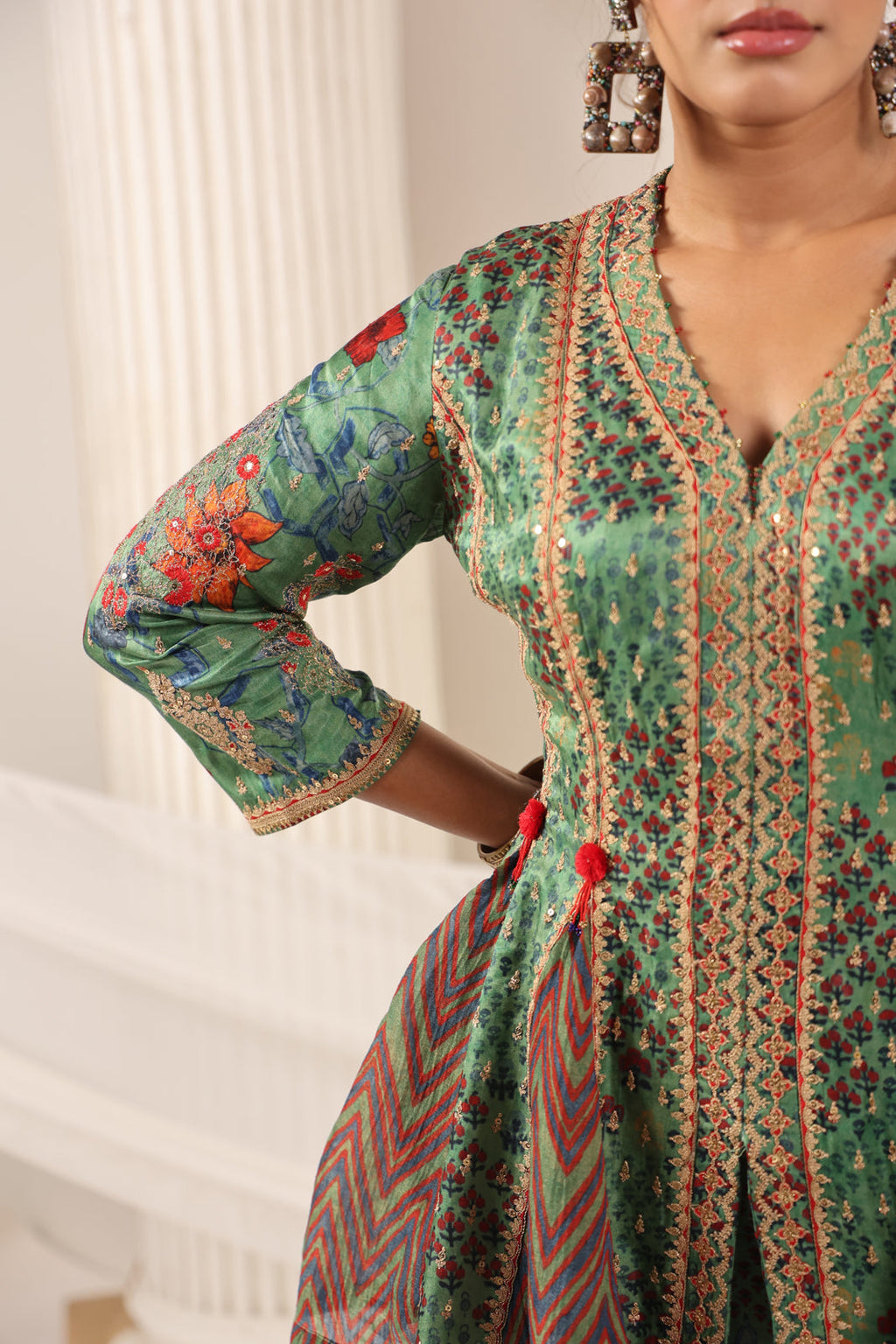 Green Satin Crepe Peplum Set With Intricate Prints & Embroidery- Wide Paired Palazzo Pant