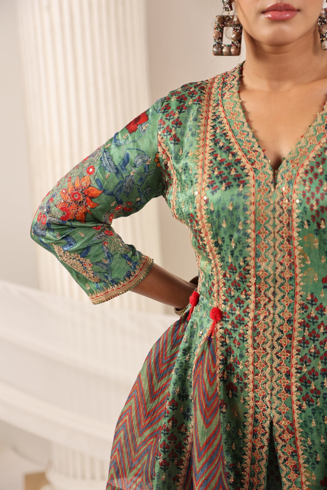 Green Satin Crepe Peplum Set With Intricate Prints & Embroidery- Wide Paired Palazzo Pant