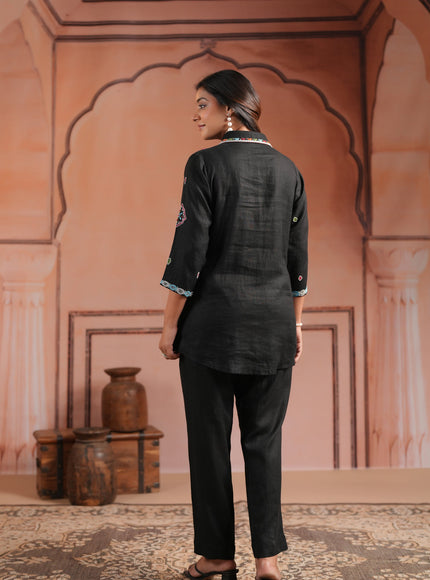 Black Cotton Collared Tunic Top With Multi Colour Embroidery And Straight Cut Pant