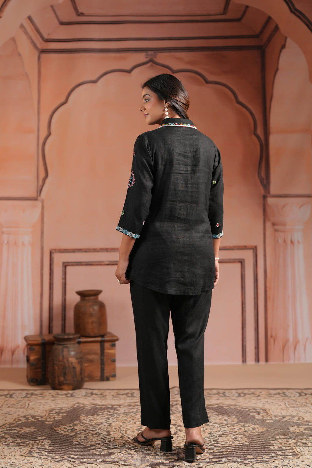 Black Cotton Collared Tunic Top With Multi Colour Embroidery And Straight Cut Pant