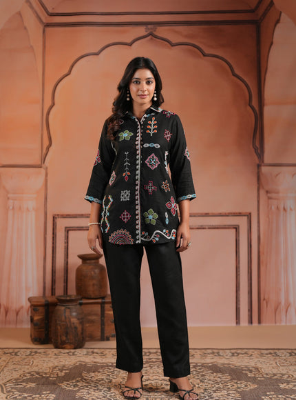 Black Cotton Collared Tunic Top With Multi Colour Embroidery And Straight Cut Pant