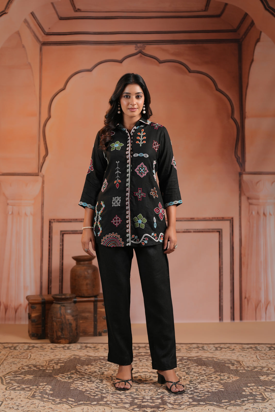 Black Cotton Collared Tunic Top With Multi Colour Embroidery And Straight Cut Pant