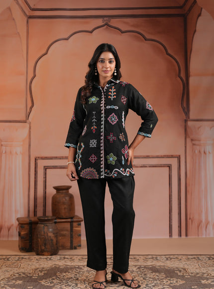 Black Cotton Collared Tunic Top With Multi Colour Embroidery And Straight Cut Pant