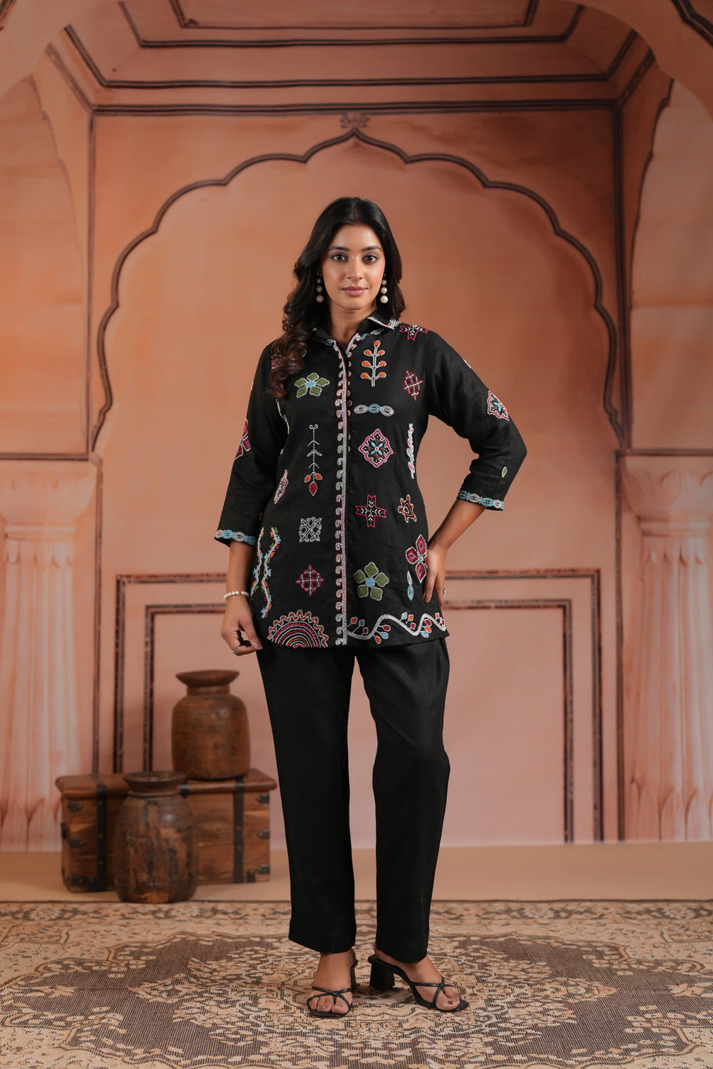 Black Cotton Collared Tunic Top With Multi Colour Embroidery And Straight Cut Pant