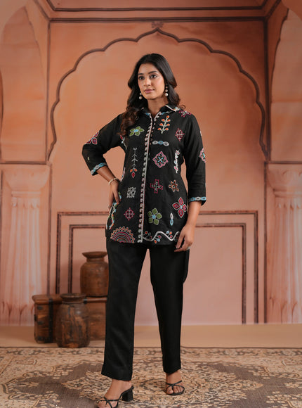 Black Cotton Collared Tunic Top With Multi Colour Embroidery And Straight Cut Pant