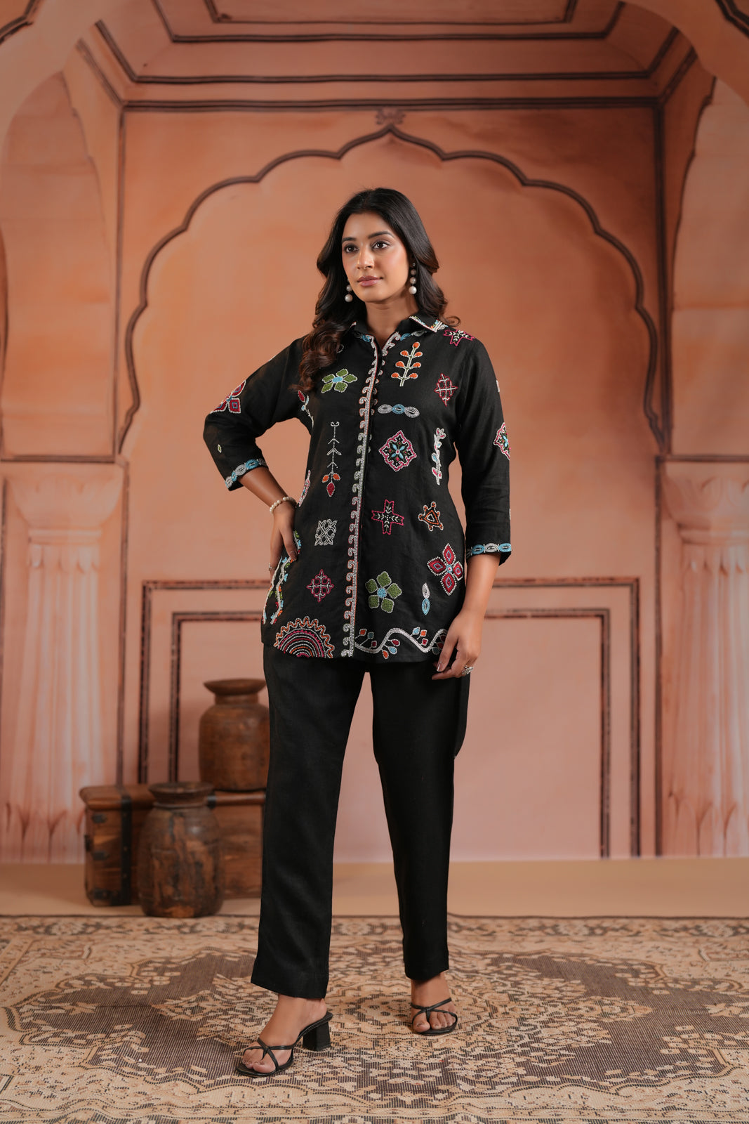 Black Cotton Collared Tunic Top With Multi Colour Embroidery And Straight Cut Pant