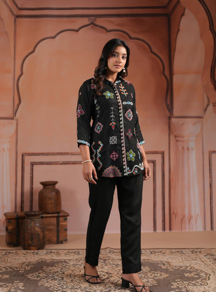 Black Cotton Collared Tunic Top With Multi Colour Embroidery And Straight Cut Pant