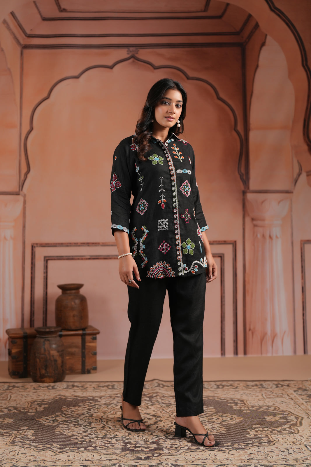Black Cotton Collared Tunic Top With Multi Colour Embroidery And Straight Cut Pant