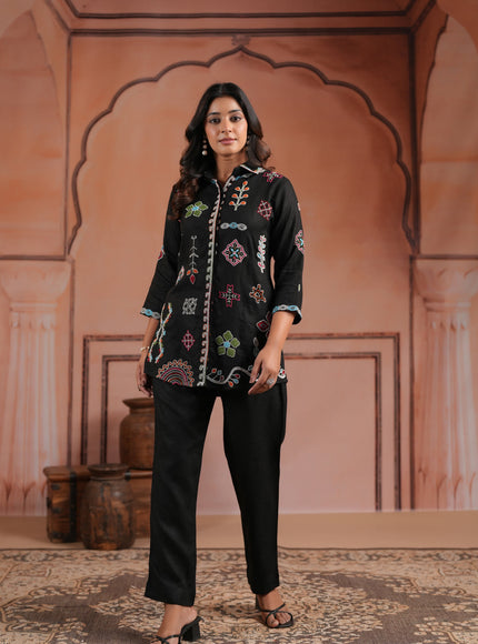 Black Cotton Collared Tunic Top With Multi Colour Embroidery And Straight Cut Pant