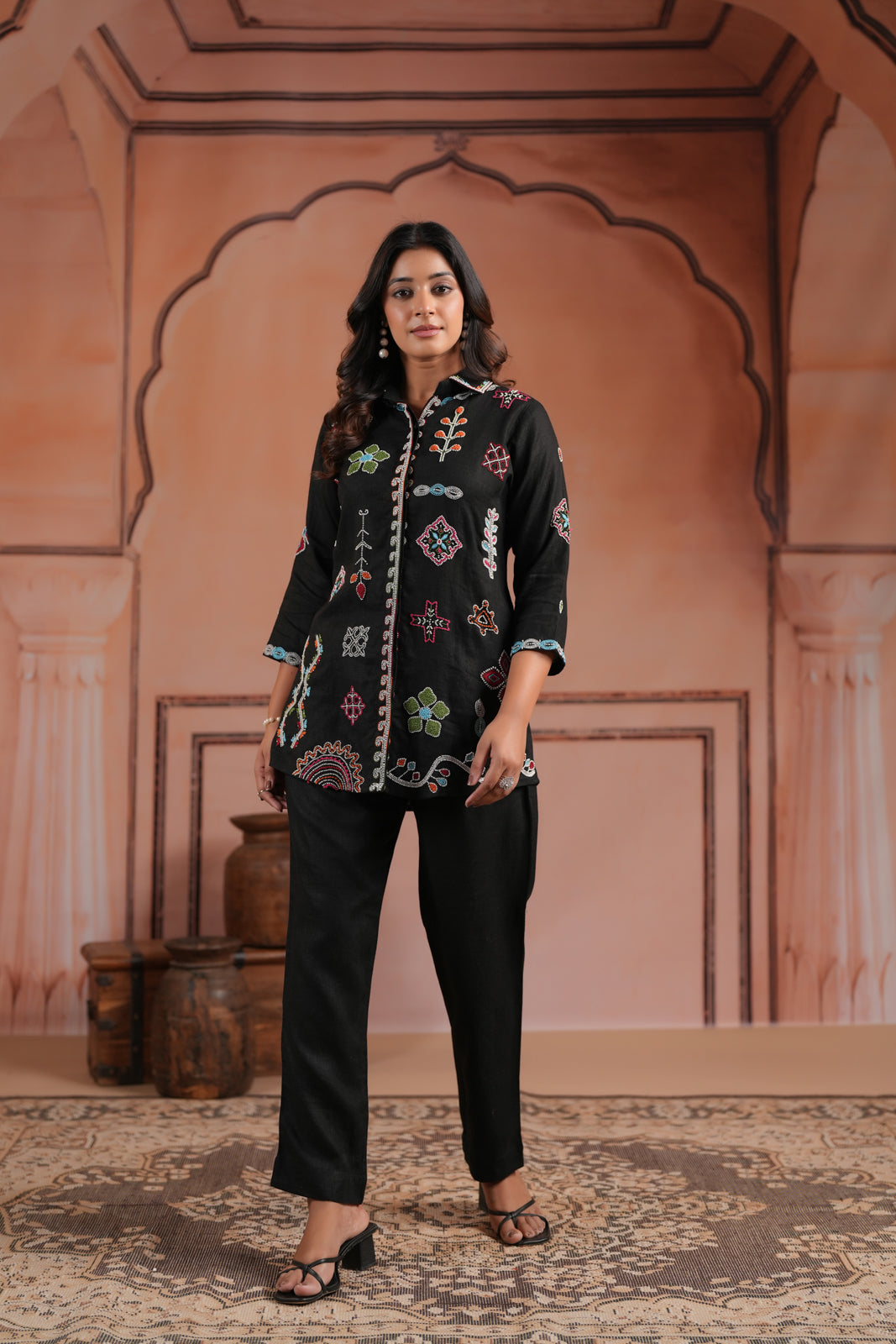 Black Cotton Collared Tunic Top With Multi Colour Embroidery And Straight Cut Pant