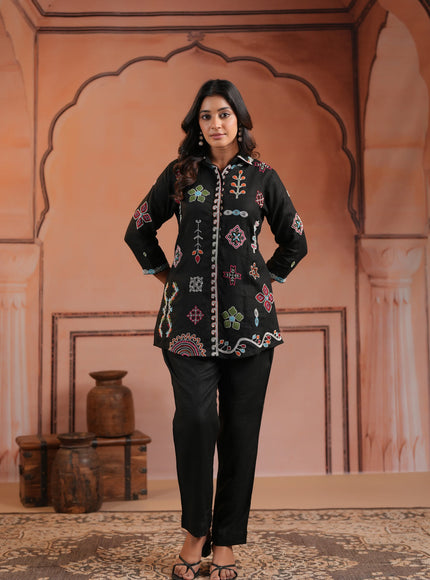 Black Cotton Collared Tunic Top With Multi Colour Embroidery And Straight Cut Pant