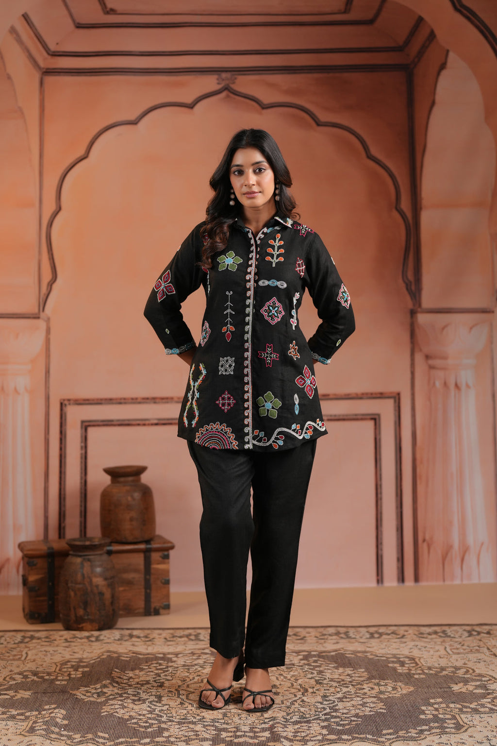Black Cotton Collared Tunic Top With Multi Colour Embroidery And Straight Cut Pant