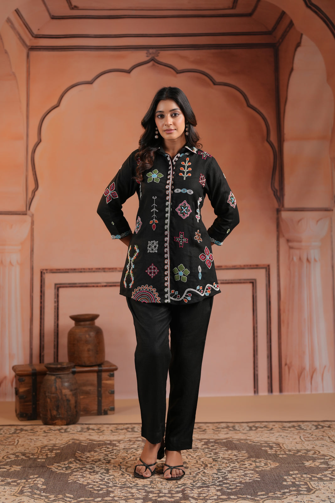 Black Cotton Collared Tunic Top With Multi Colour Embroidery And Straight Cut Pant