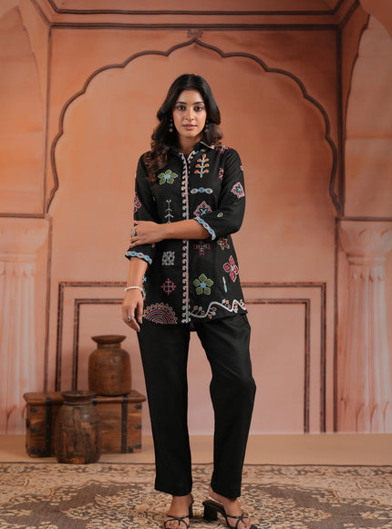 Black Cotton Collared Tunic Top With Multi Colour Embroidery And Straight Cut Pant