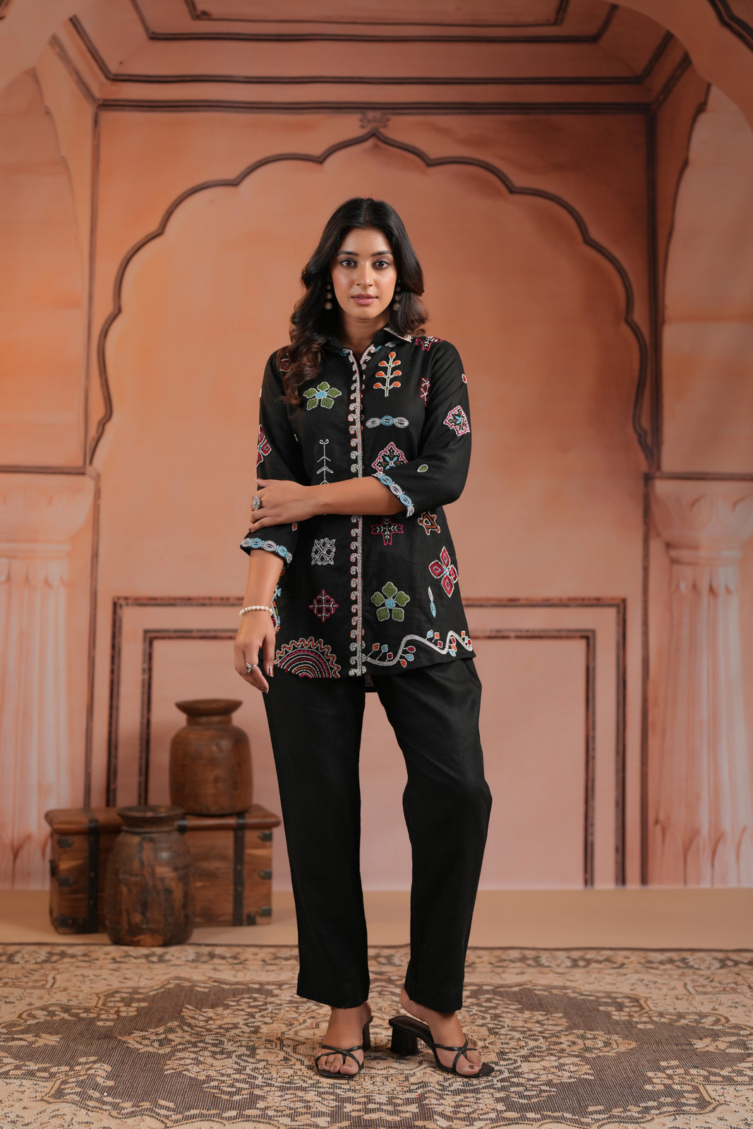 Black Cotton Collared Tunic Top With Multi Colour Embroidery And Straight Cut Pant