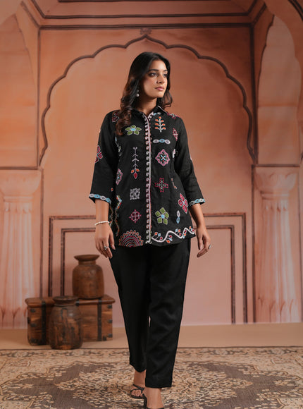 Black Cotton Collared Tunic Top With Multi Colour Embroidery And Straight Cut Pant