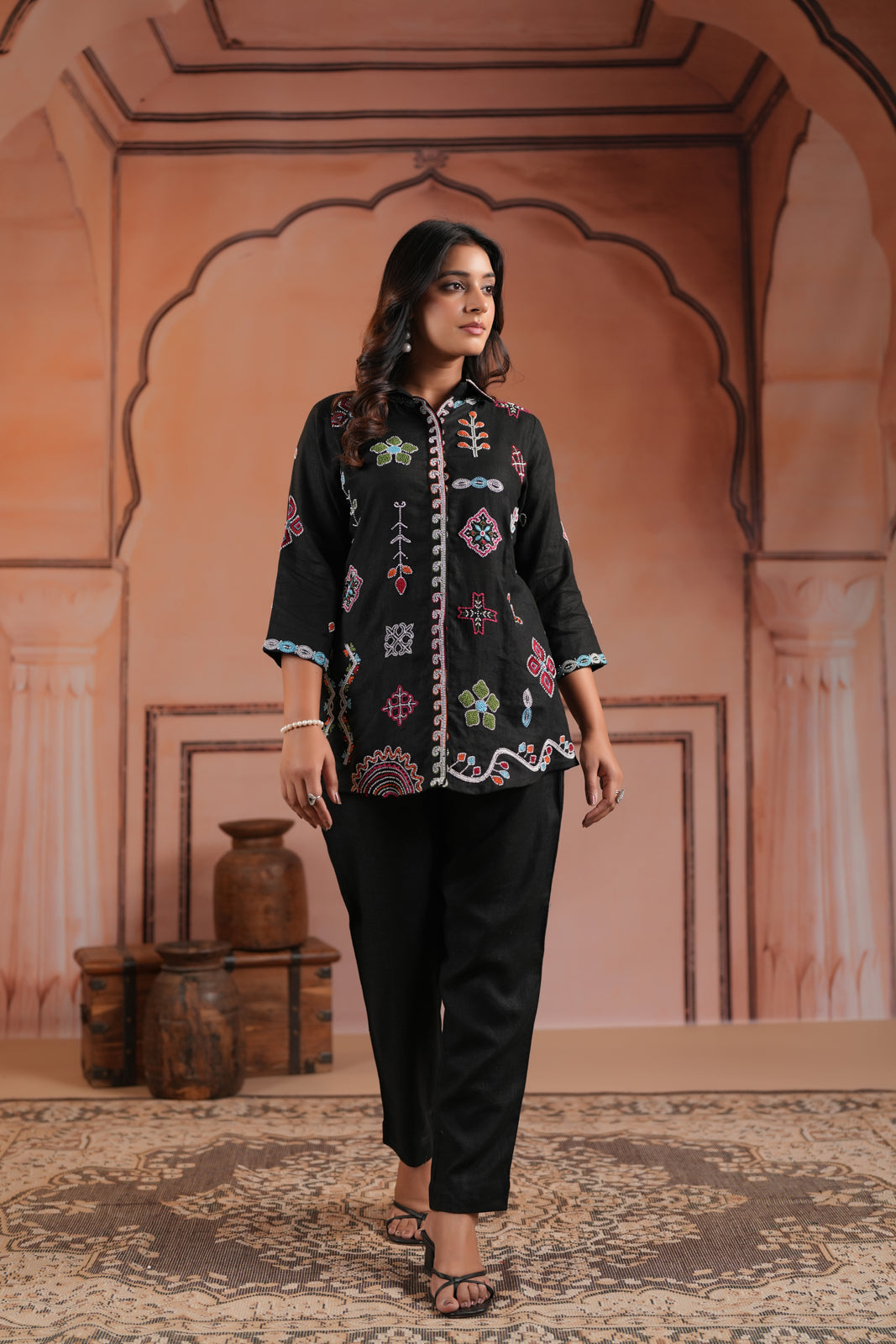 Black Cotton Collared Tunic Top With Multi Colour Embroidery And Straight Cut Pant