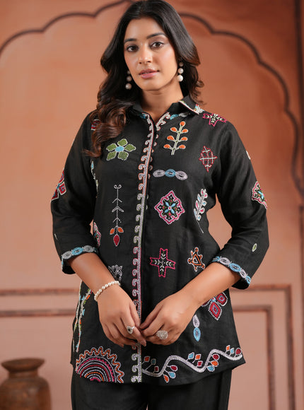 Black Cotton Collared Tunic Top With Multi Colour Embroidery And Straight Cut Pant